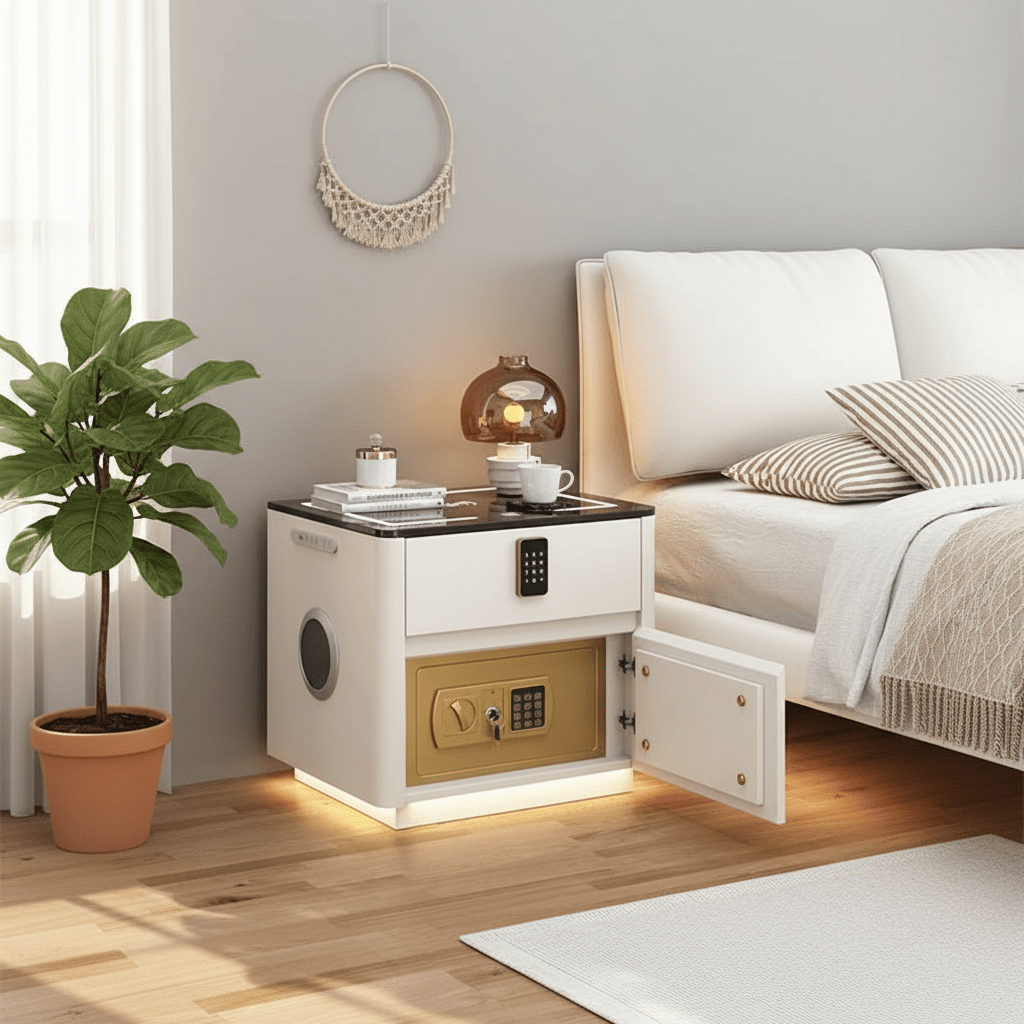 A white multi-functional nightstand in a bright bedroom featuring a built-in Bluetooth speaker, a digital safe for valuables, and a touch-sensitive glass top. A fiddle-leaf fig plant and macrame wall art add to the bohemian-modern decor.