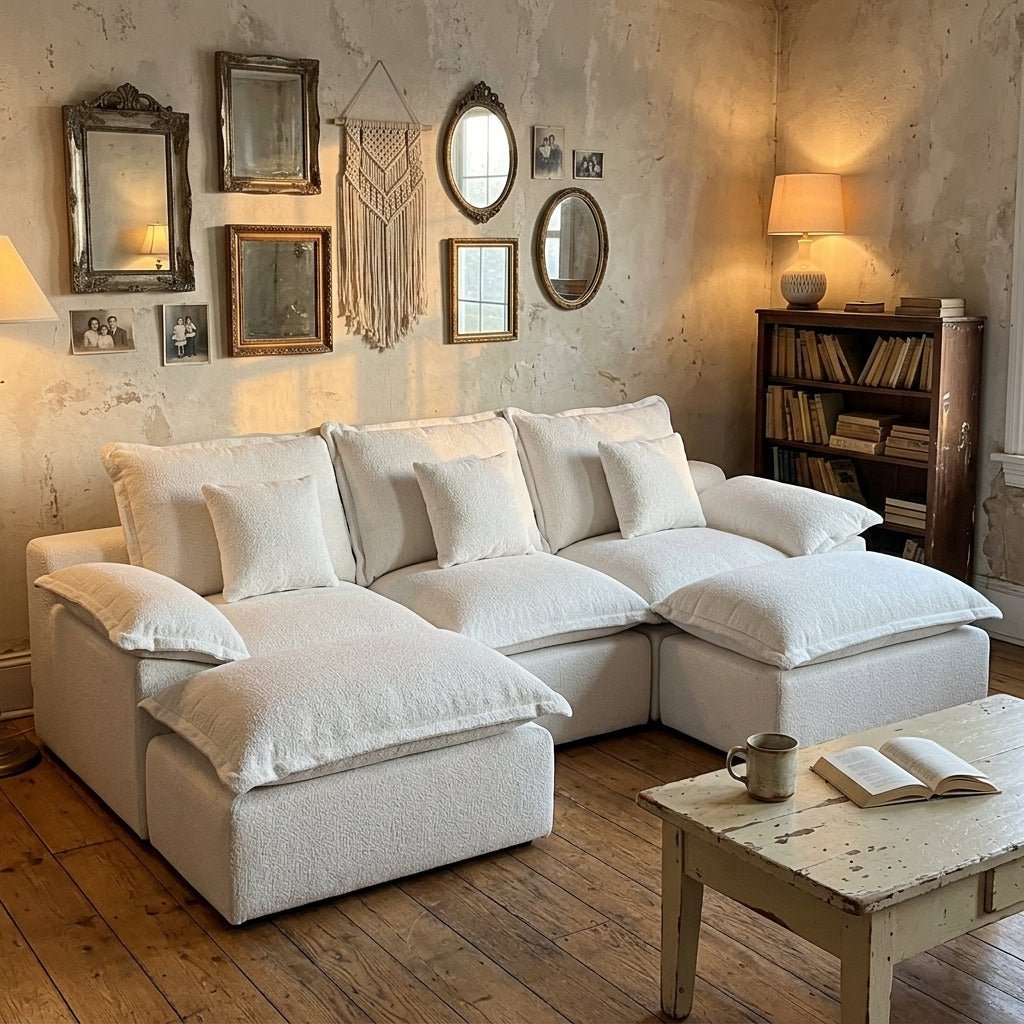 A modular cream cloud sofa styled in a rustic living room with exposed wood floors and vintage wall mirrors.
