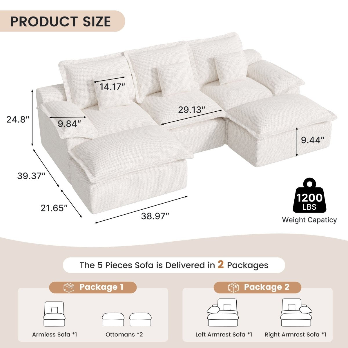 Product dimension chart for a 5-piece modular sectional sofa showing height, width, and 1200 lbs weight capacity.
