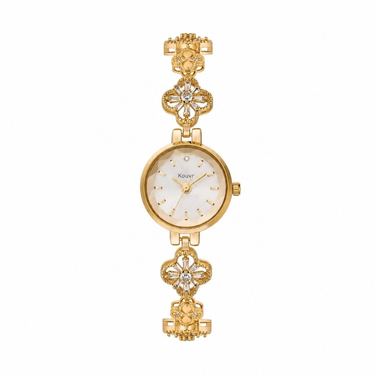 Straight on view of the Kouvr women's gold watch featuring a mother of pearl dial and crystal embellished clover strap.