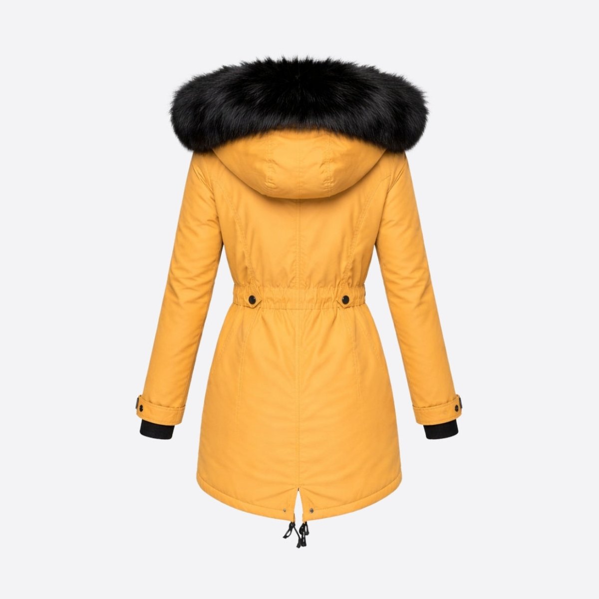 Back view ghost mannequin product shot of the Kouvr mustard yellow women's winter parka displaying the adjustable waistline and split fishtail drawcord hem.