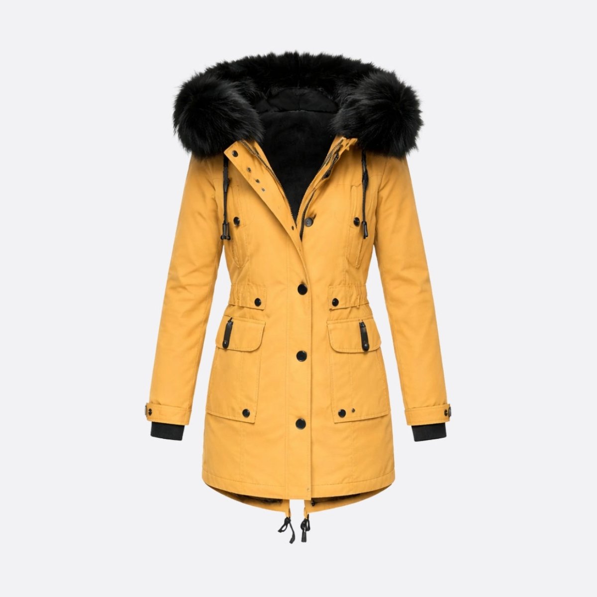 Front view ghost mannequin product shot of the Kouvr mustard yellow women's winter parka showing utility pockets, zipper details, and plush inner lining.