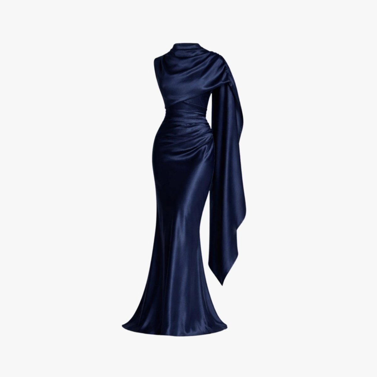 Ghost mannequin view of the Kouvr navy blue satin asymmetric draped cape evening dress showing the structured bodice and mermaid silhouette.