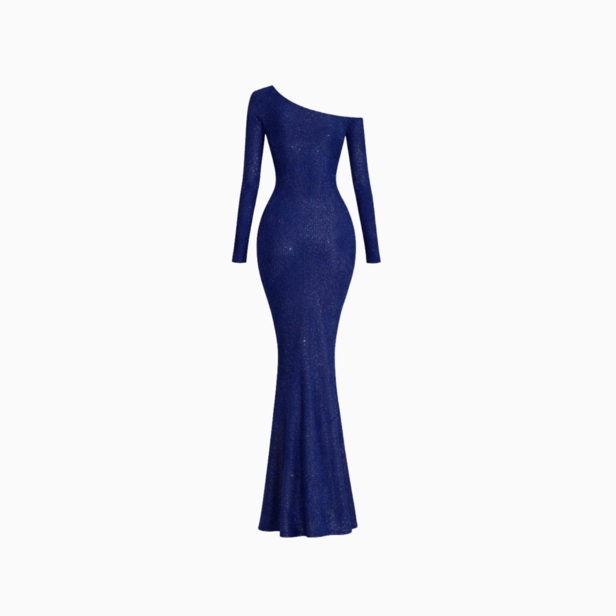 Back view product shot of the navy blue shimmery one-shoulder evening gown.