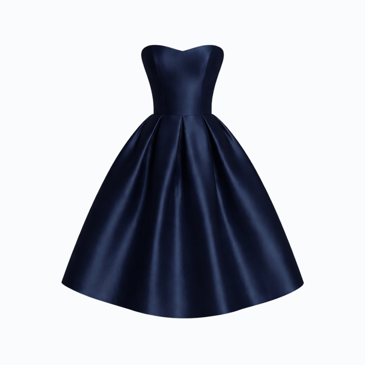 High quality product shot of navy satin sweetheart A-line tea length formal dress.