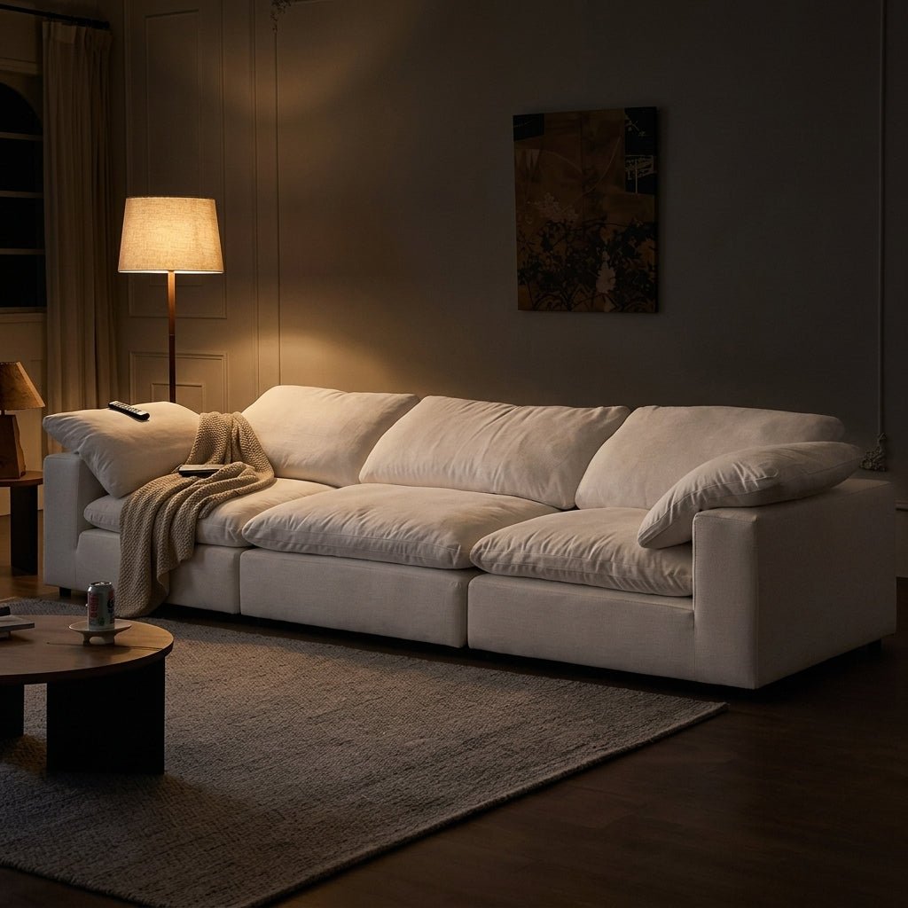 Cozy evening living room setting featuring the plush white 3-seater sofa under warm lamp light.