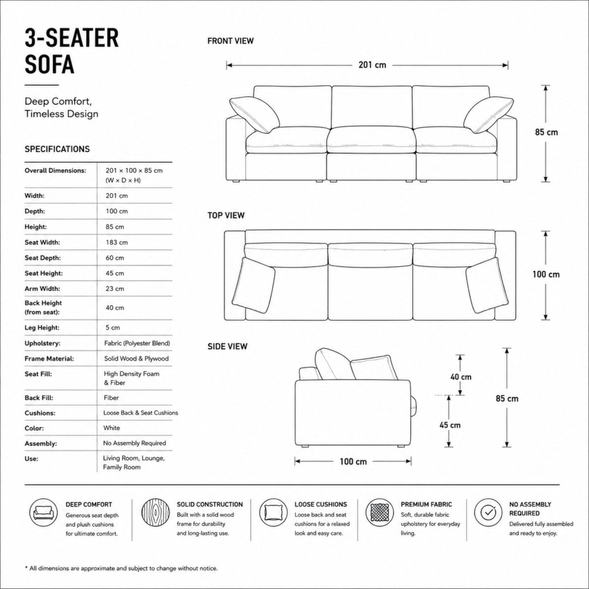 Detailed dimensions and specifications graphic for the 201cm wide 3-seater modular sofa showing solid wood construction and loose cushions.