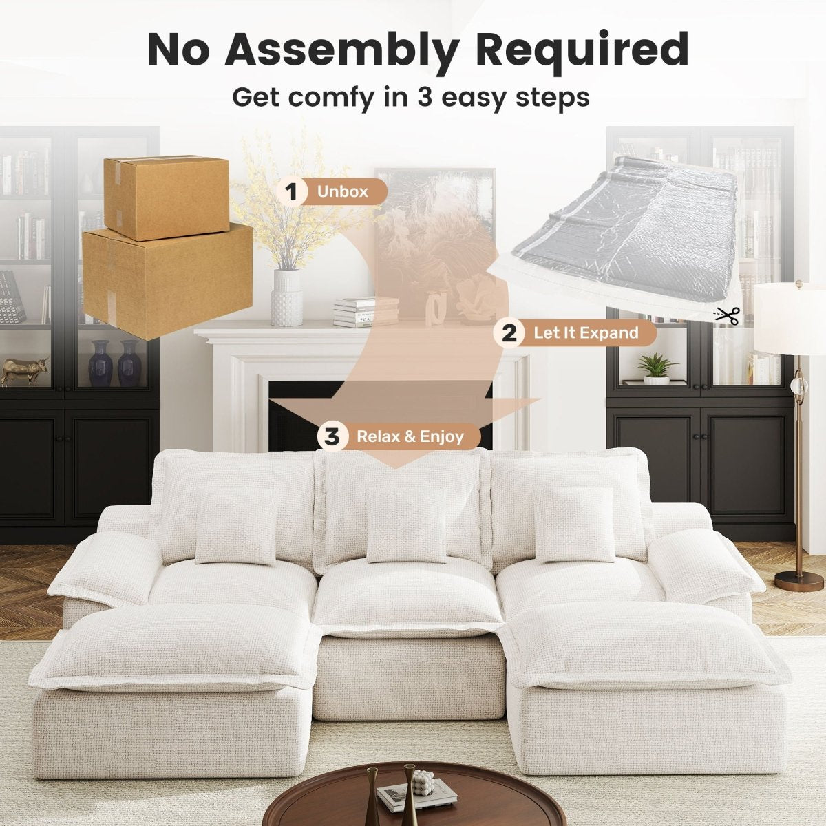 3-step infographic showing how to unbox, expand, and relax on a no-assembly-required modular pit sofa.