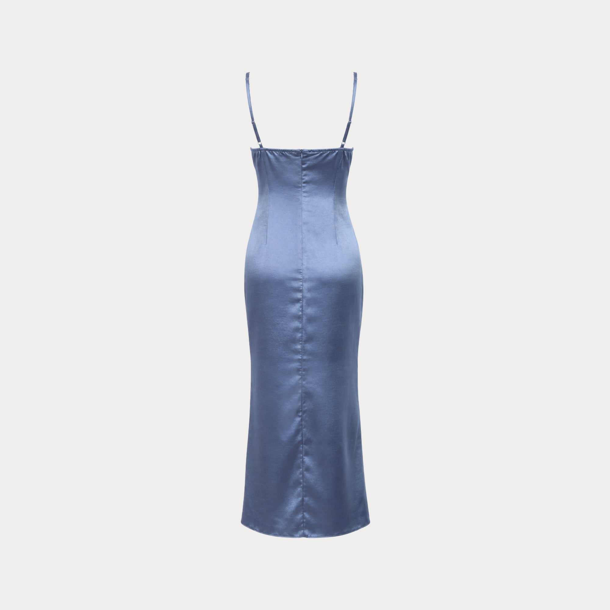 Isolated back product view of long blue satin formal slip dress highlighting contouring seam details.