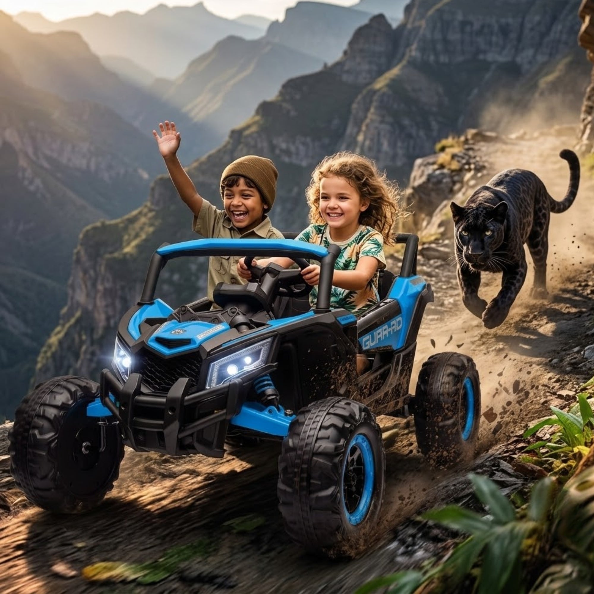 Two young kids driving a blue off-road electric buggy down a rugged mountain canyon trail with a black panther following behind.
