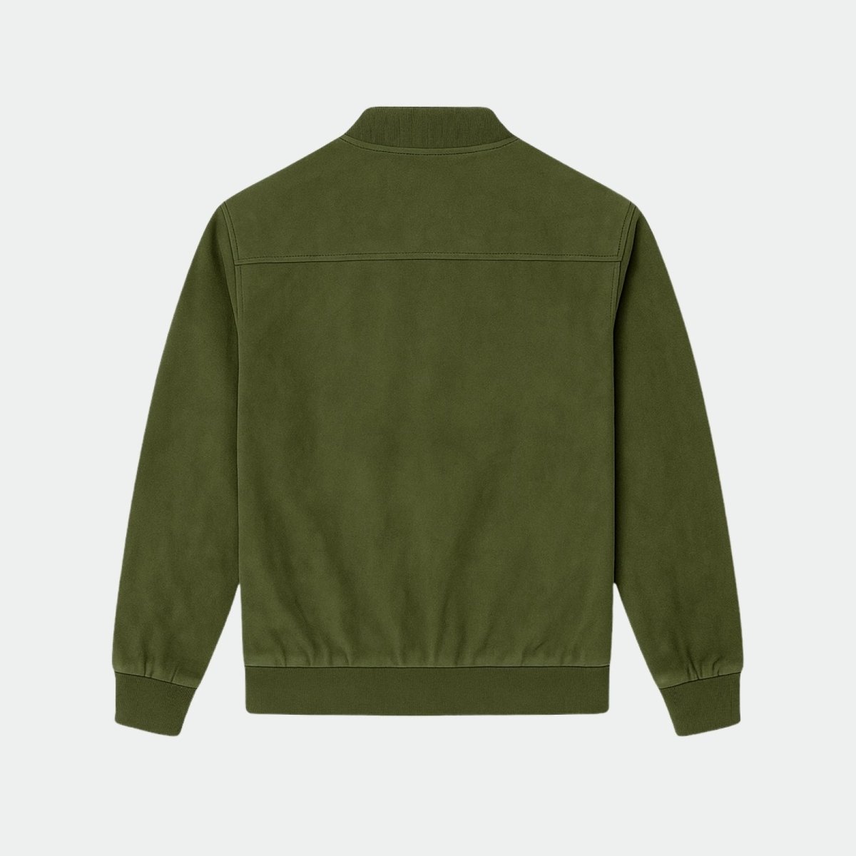 Product-only back view of the olive green suede bomber jacket detailing its clean lines and construction.