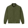 Product-only front view of the olive green suede bomber jacket showcasing its texture and minimalist design. 