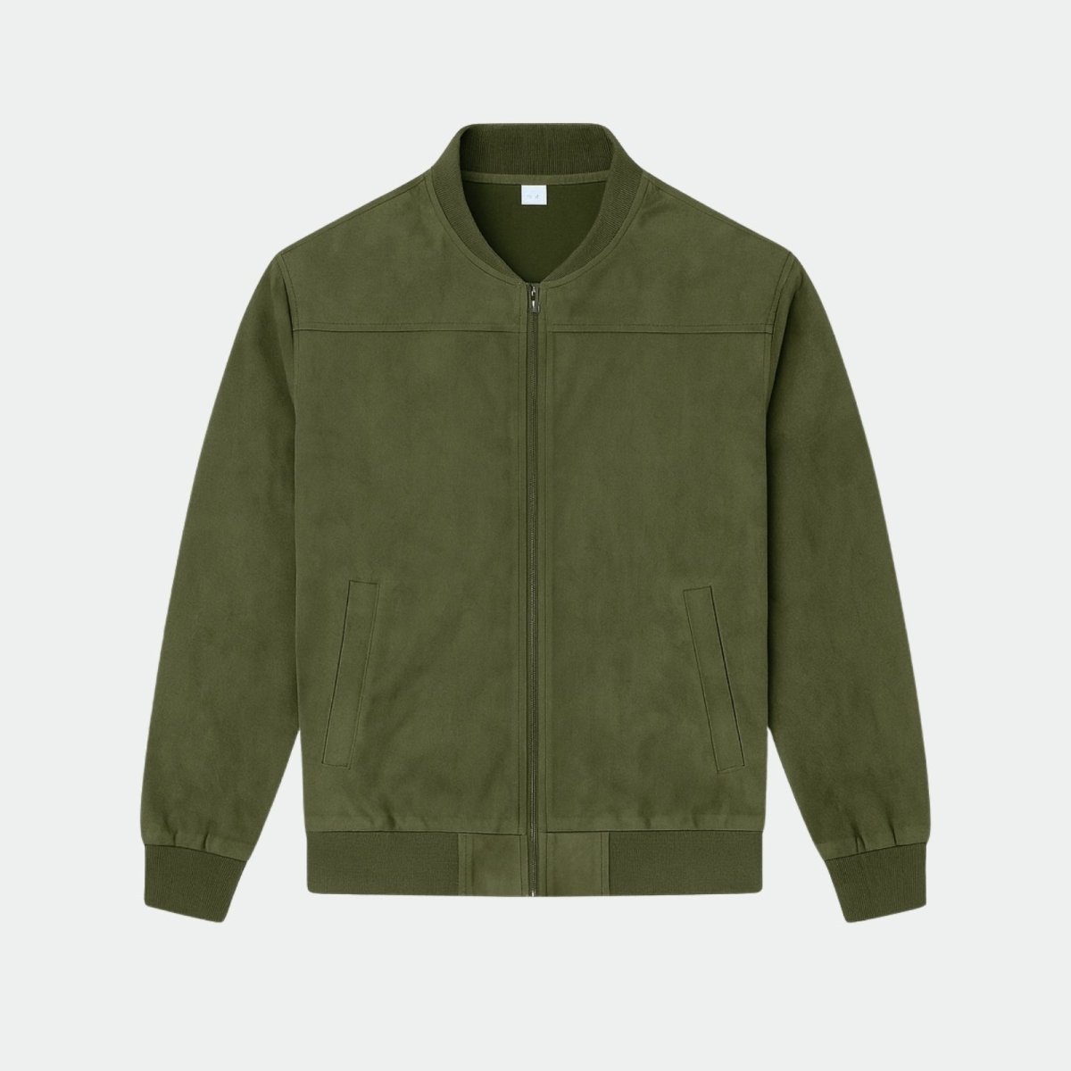 Product-only front view of the olive green suede bomber jacket showcasing its texture and minimalist design. 