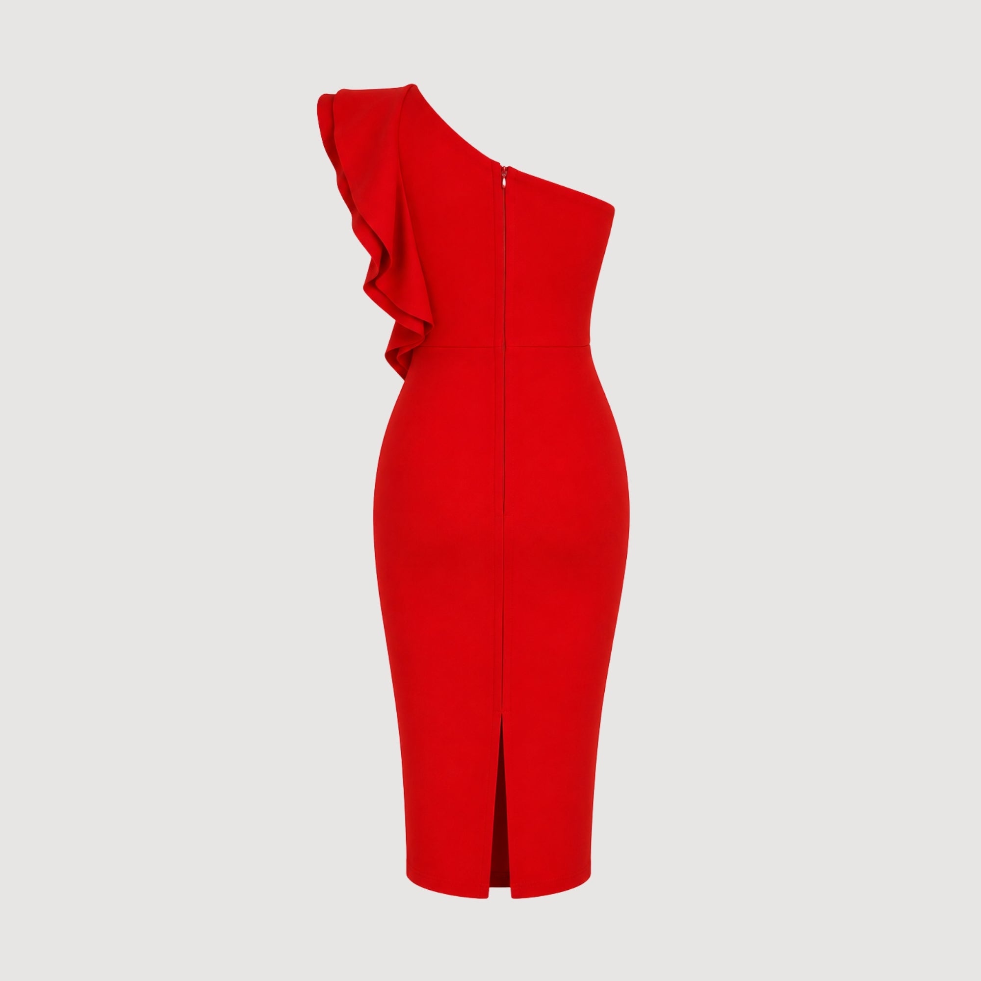 Back ghost mannequin view of red form-fitting event dress with invisible back zipper.