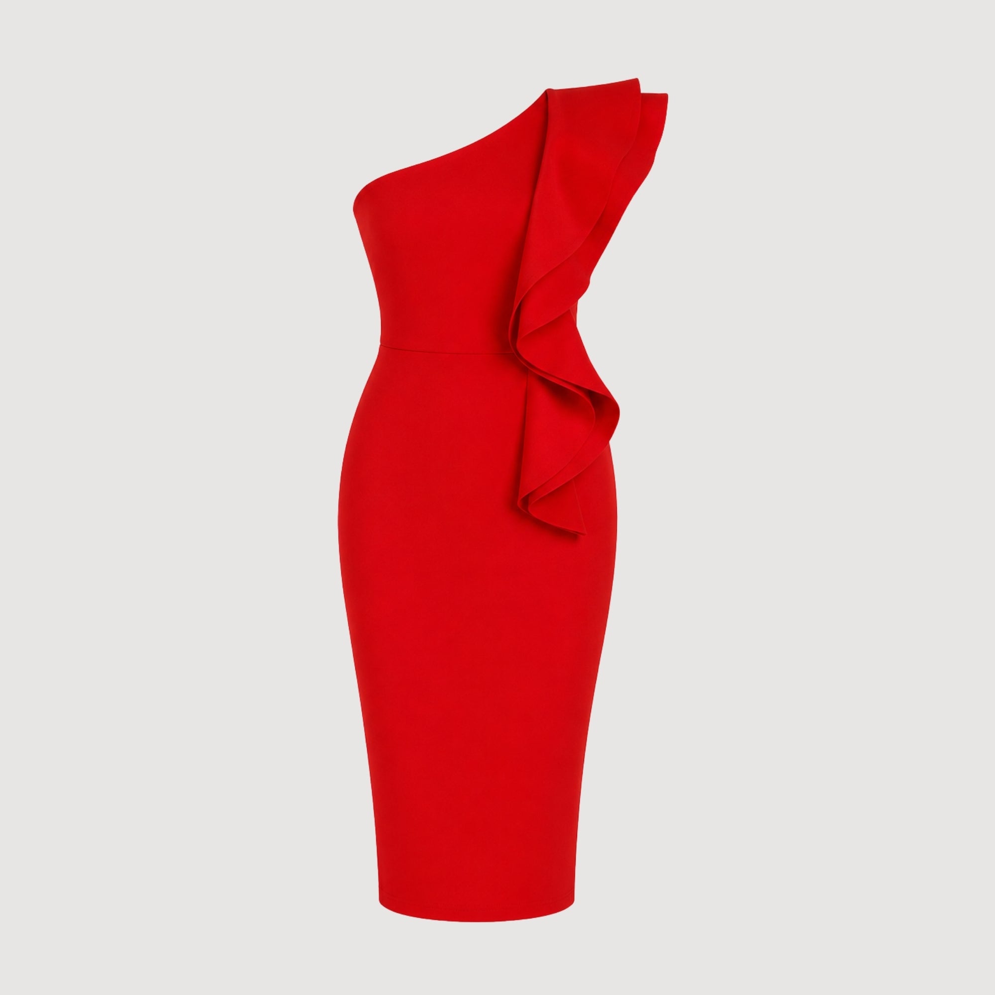 Ghost mannequin view of red one-shoulder bodycon dress emphasizing the dramatic cascading shoulder detail.