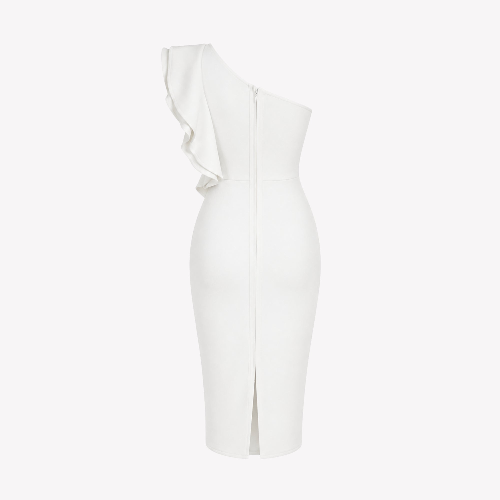 Studio back shot of white stretch woven midi dress displaying the seamless hidden zipper and sophisticated hem.