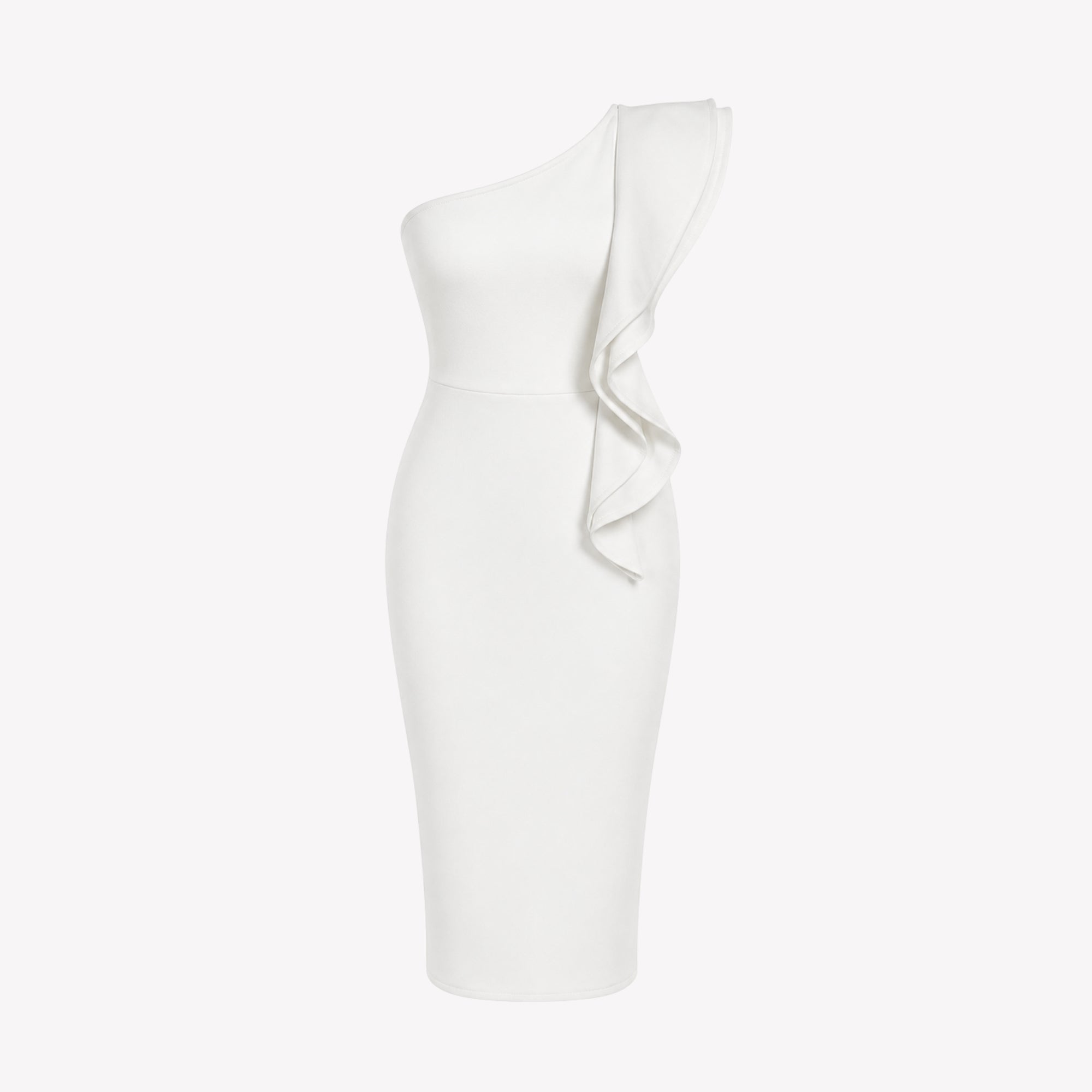 Studio shot of white one-shoulder dress emphasizing the beautiful draping of the front ruffle accent.