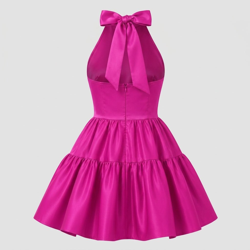 Product view highlighting the statement back bow, open back design, and concealed zipper of the Kouvr pink satin cocktail dress.