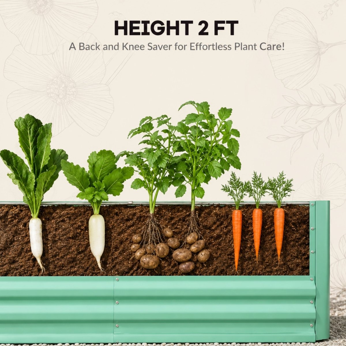 Cross-section view showing deep root growth of radishes, potatoes, and carrots inside the 24-inch deep open bottom metal raised garden bed.