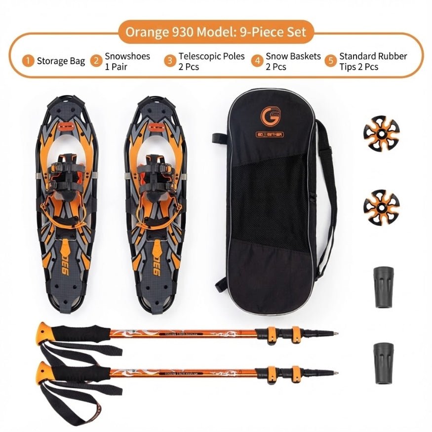 Comprehensive 9-piece winter hiking set with Orange 930 snowshoes, adjustable poles, and accessories for deep snow.