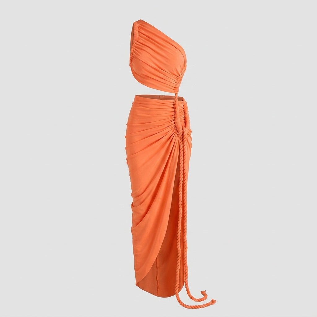 Flat lay presentation of the bright orange cutout maxi dress showcasing the intricate waist ruching and braided rope tassel tie details.