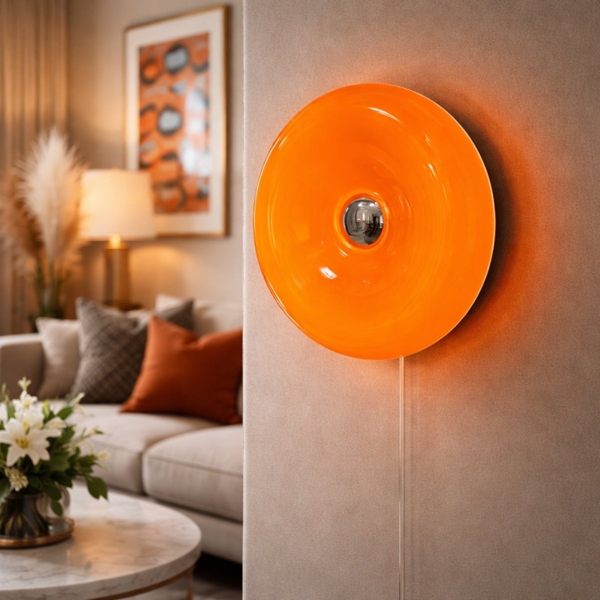 Glossy orange round wall lamp mounted in living room, providing ambient mood lighting with modern Italian design aesthetic.