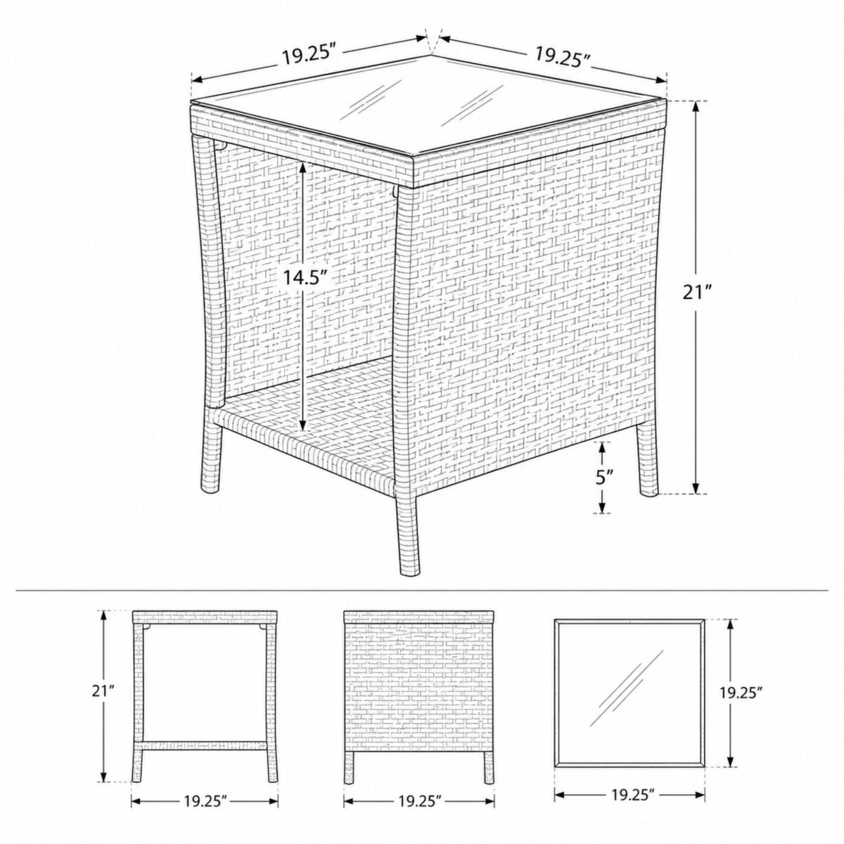 Schematic drawing showing the dimensions of the outdoor wicker side table: 19.25 inches wide, 19.25 inches deep, and 21 inches tall.