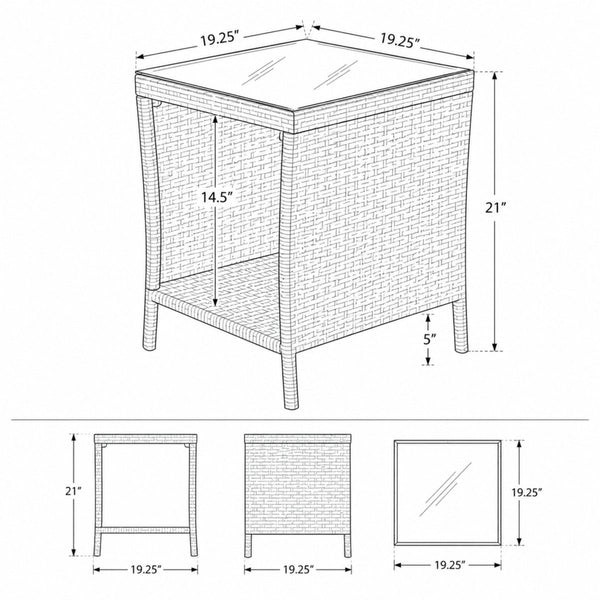 Schematic drawing showing the dimensions of the outdoor wicker side table: 19.25 inches wide, 19.25 inches deep, and 21 inches tall.