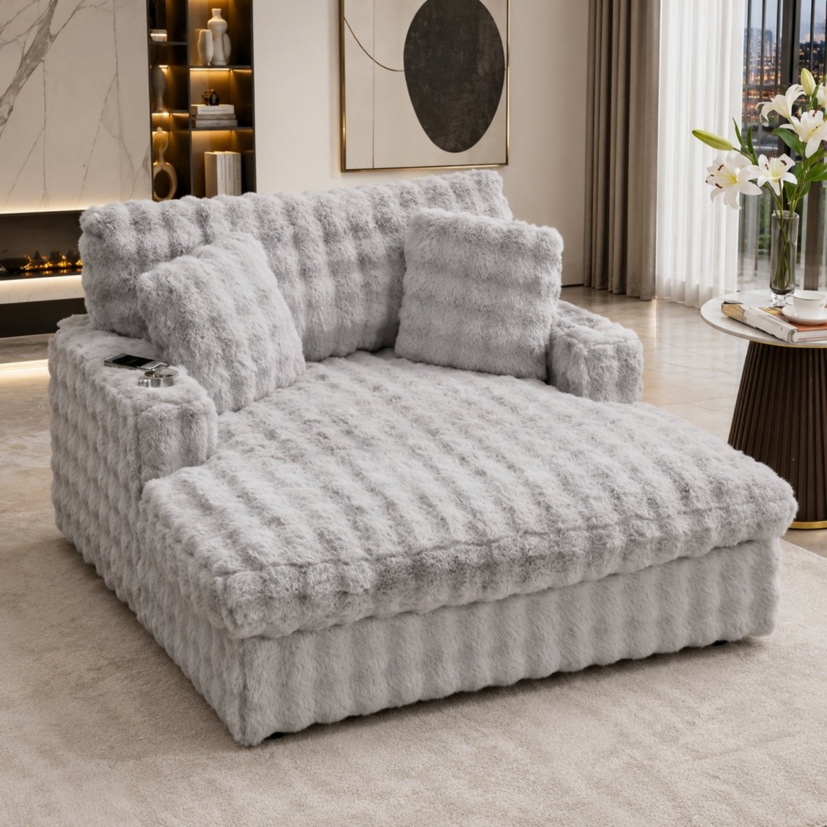 Front view of the Kouvr oversized fluffy loveseat sleeper in light grey showcasing ribbed plush texture and deep seating
