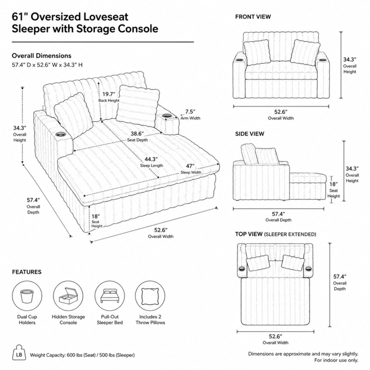 Blueprint schematic detailing the 61 inch overall width, 47 inch sleep bed width, hidden storage console, and weight capacity of the sleeper chair