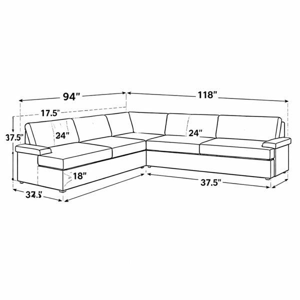 Diagram showing 118 by 94 inch overall dimensions and 37.5 inch depth of the oversized sectional sofa