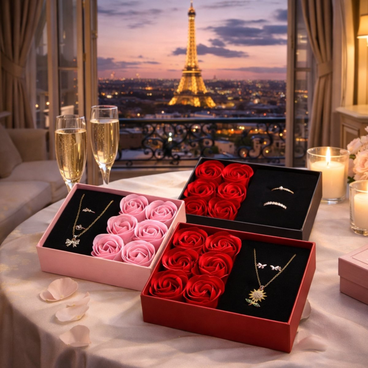 A luxurious romantic dinner setting for two on a balcony overlooking the Paris Eiffel Tower at sunset, featuring three gift boxes with red and pink preserved roses, fine diamond and gold jewelry, champagne, and candles.