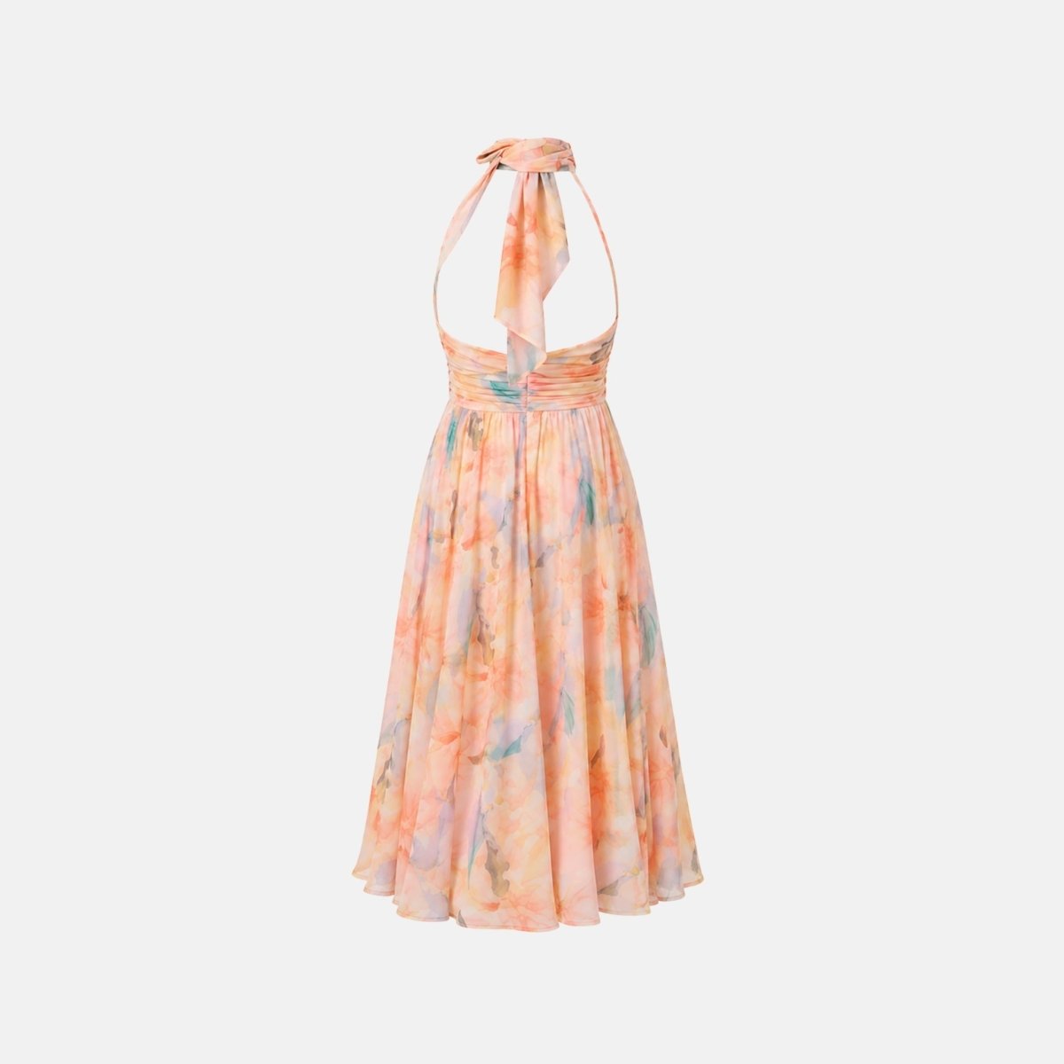 Back flat lay view showing the backless design and halter tie of the floral midi dress
