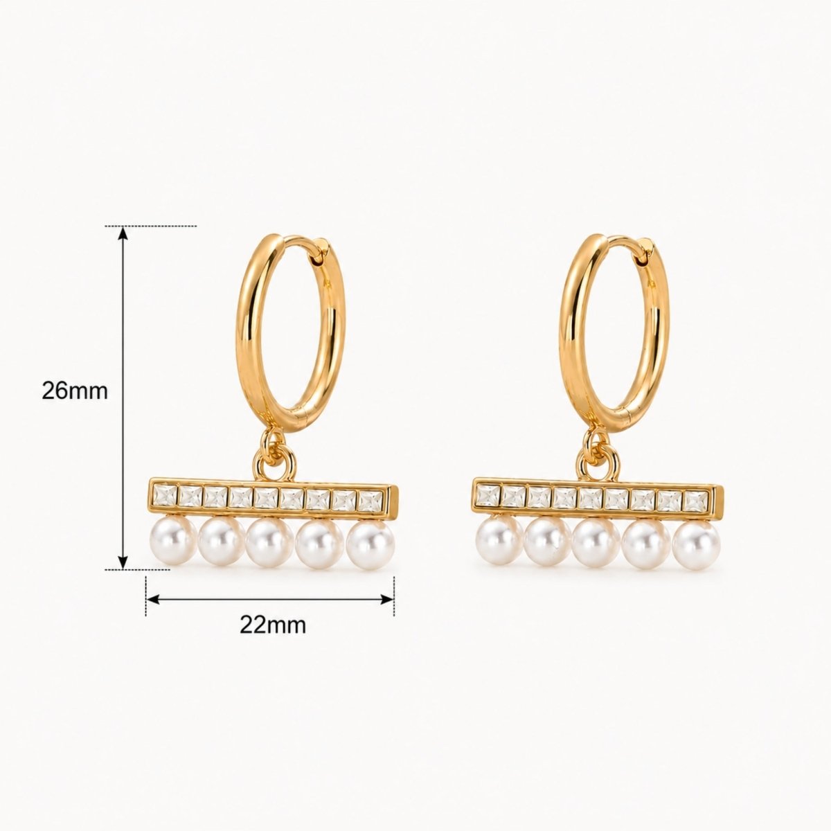 Technical size guide for gold pearl bar drop earrings showing a 26 millimeter total drop height and a 22 millimeter pearl bar width.
