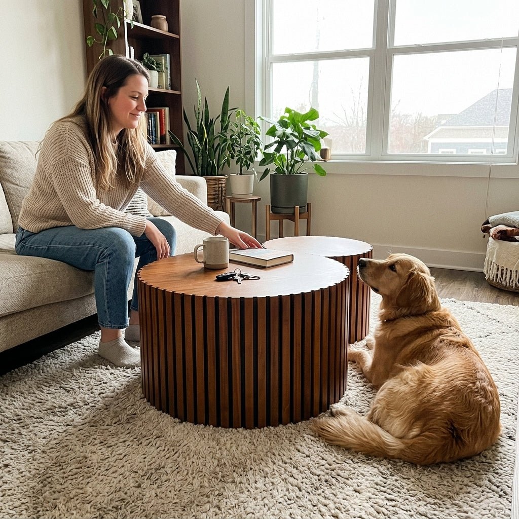 Woman and a golden retriever relaxing next to a durable round slatted wood coffee table set in a cozy home environment.