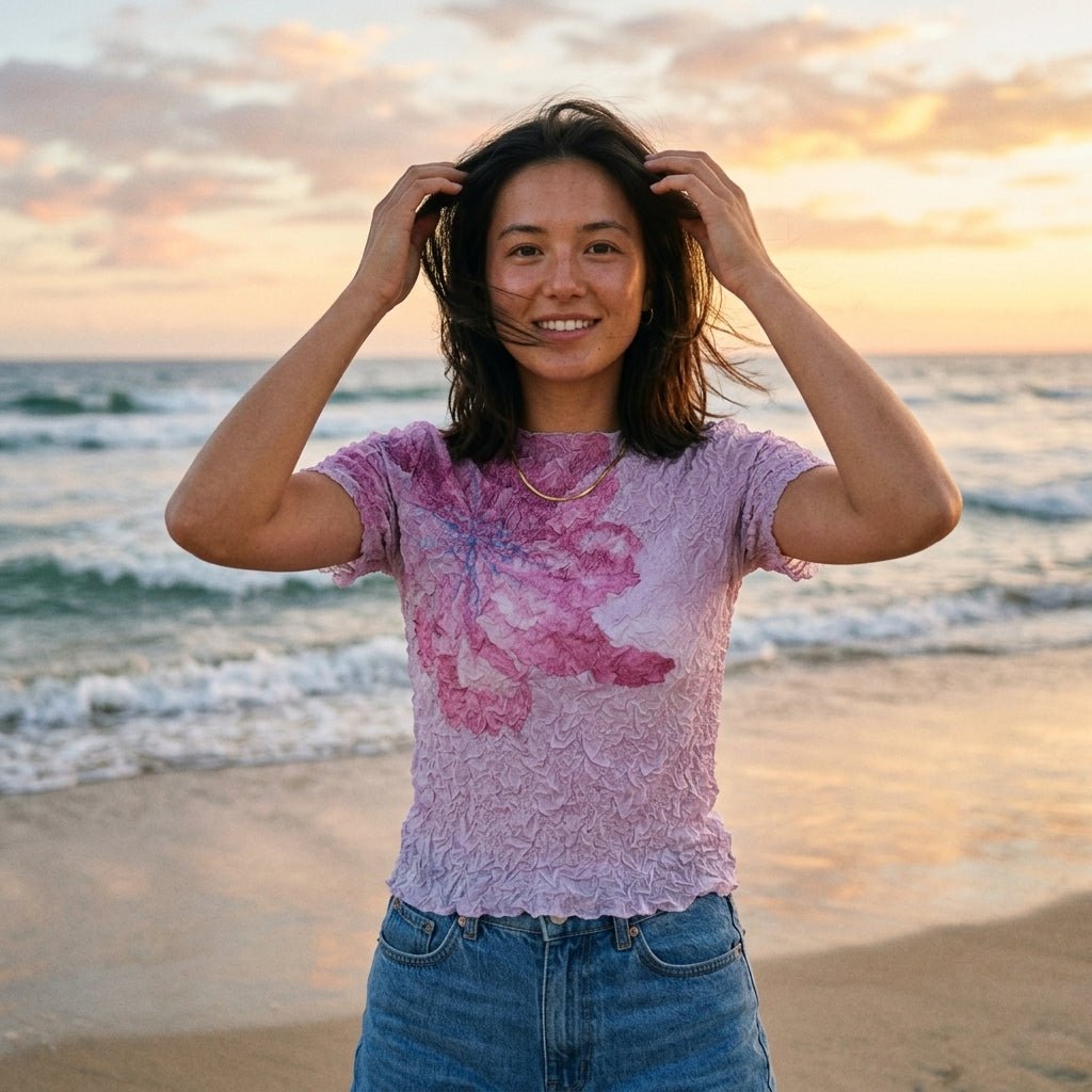 Woman smiling on the beach at sunset wearing Kouvr pink floral textured short sleeve top styled with blue denim jeans