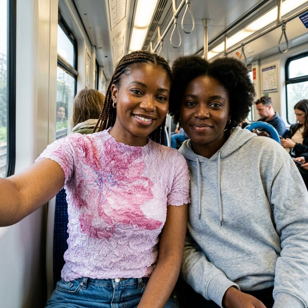 Two women smiling on a train commuting, one wearing Kouvr pink floral textured Y2K style top