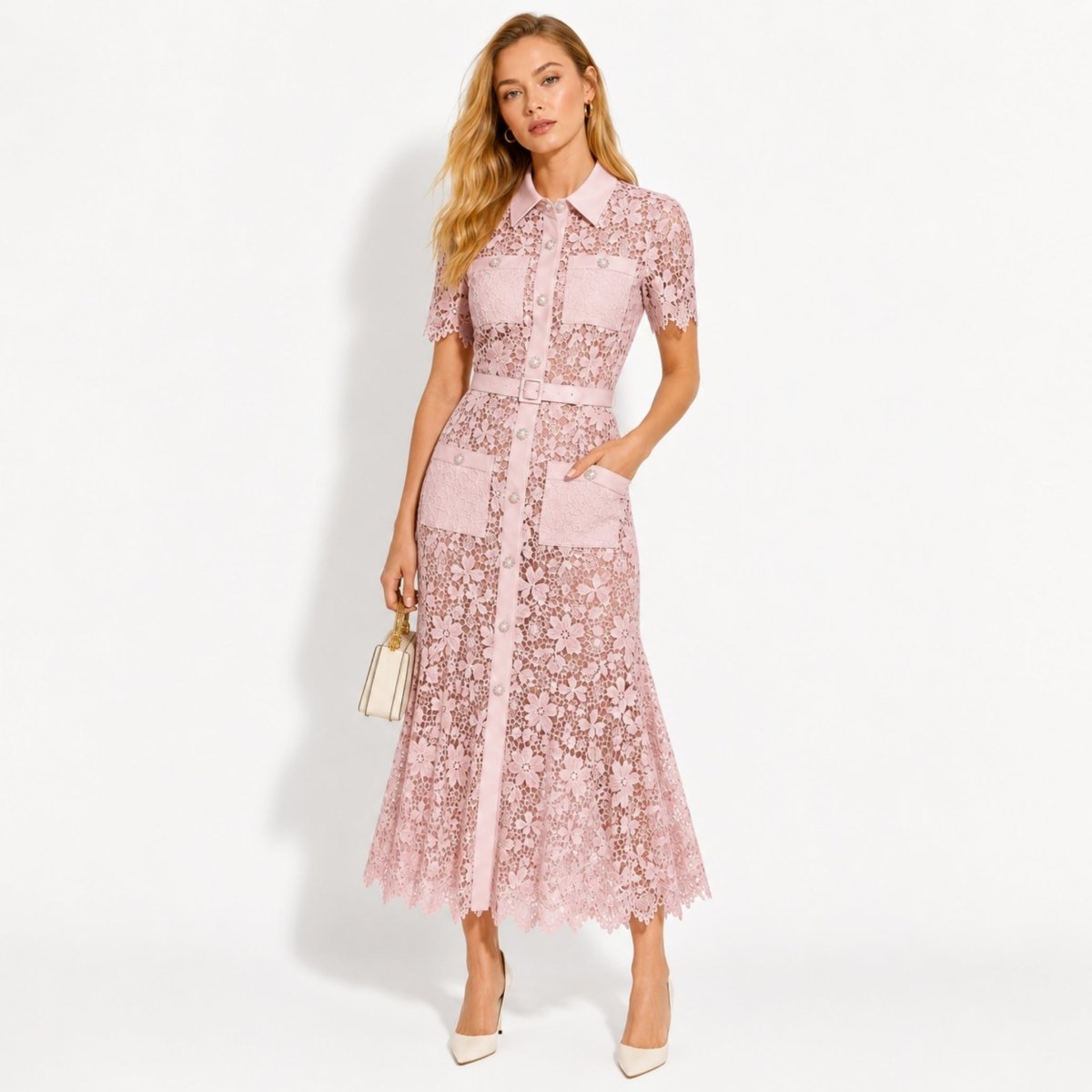 Pink floral lace button-down midi dress with short sleeves and belt worn by blonde model facing forward
