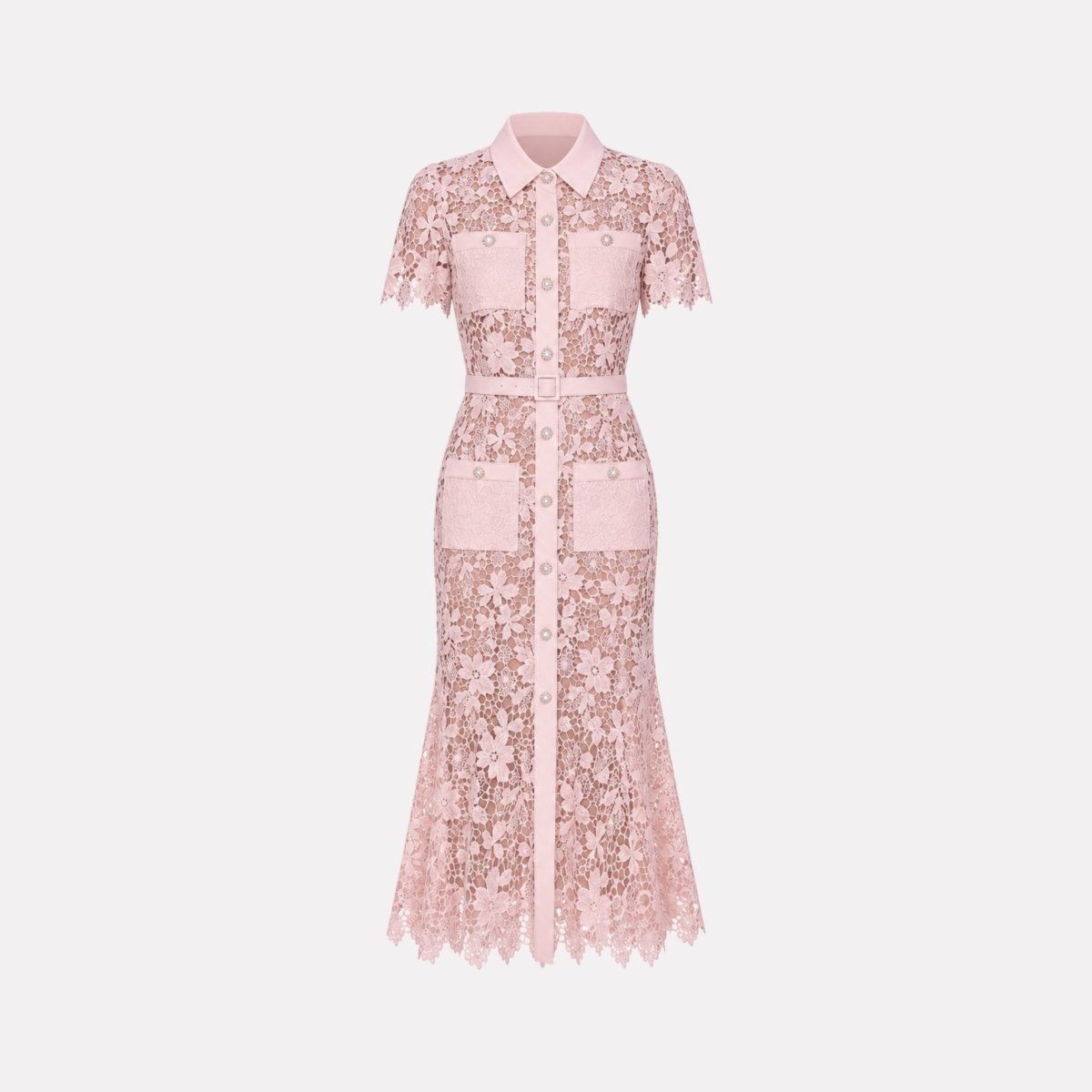 Studio front view of pink floral guipure lace button-down belted midi dress on light grey background