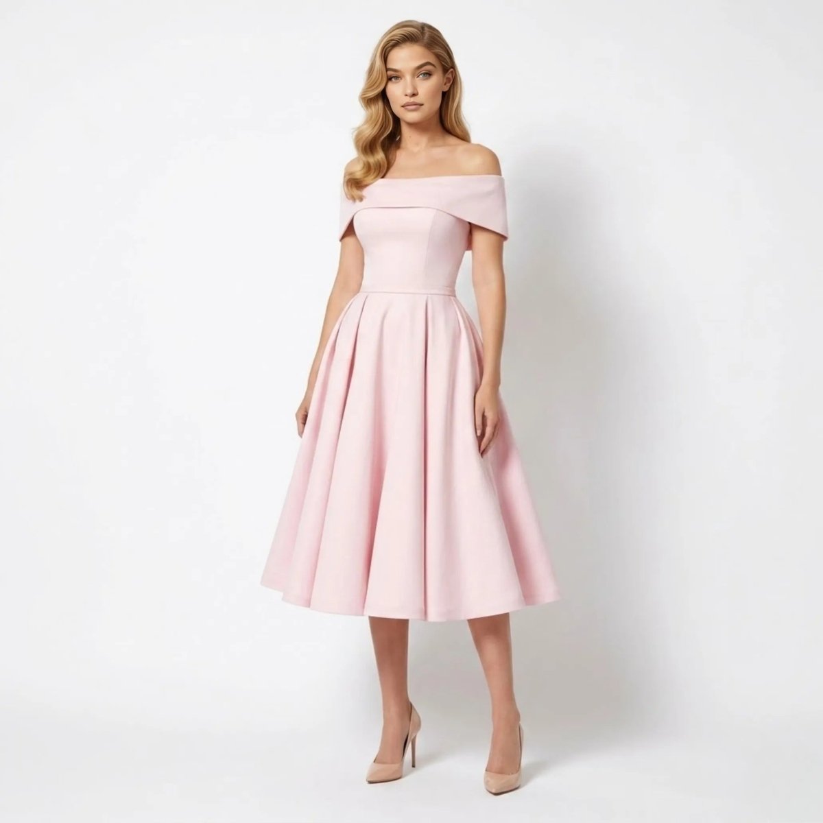 Woman wearing an elegant pink off-the-shoulder A-line midi dress by Kouvr