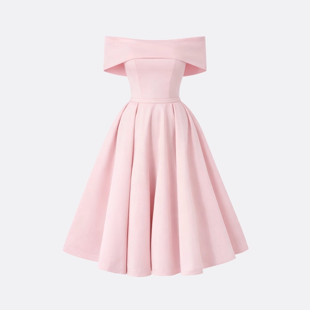 Front isolated view of structured pink bardot neckline flare dress