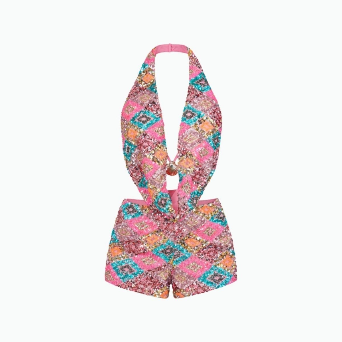 Close up detail of luxury pink, teal, and gold diamond sequin embellishment and center shell hardware on Kouvr festival playsuit.