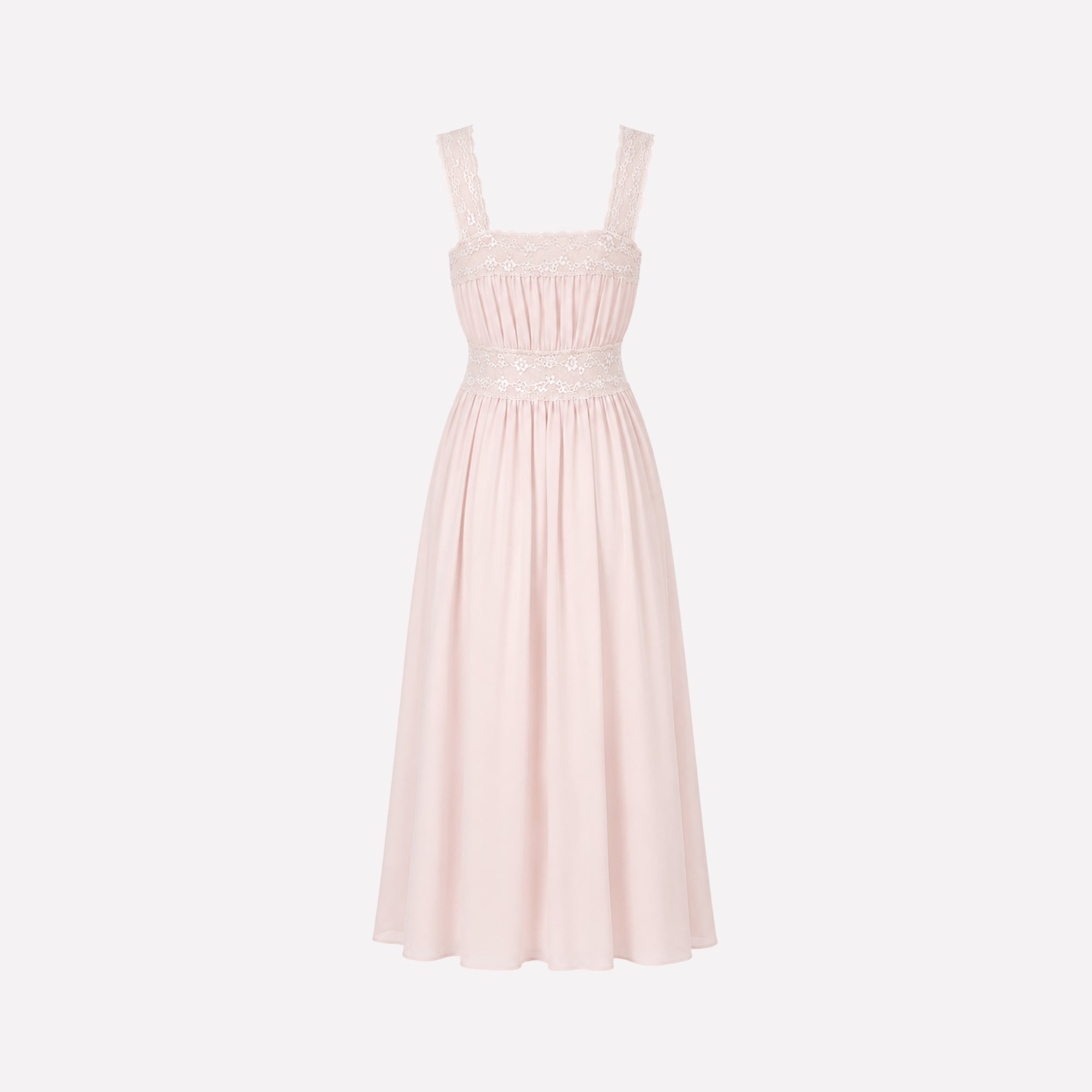 Ghost mannequin back view of Kouvr luxury pale pink pleated midi dress for women
