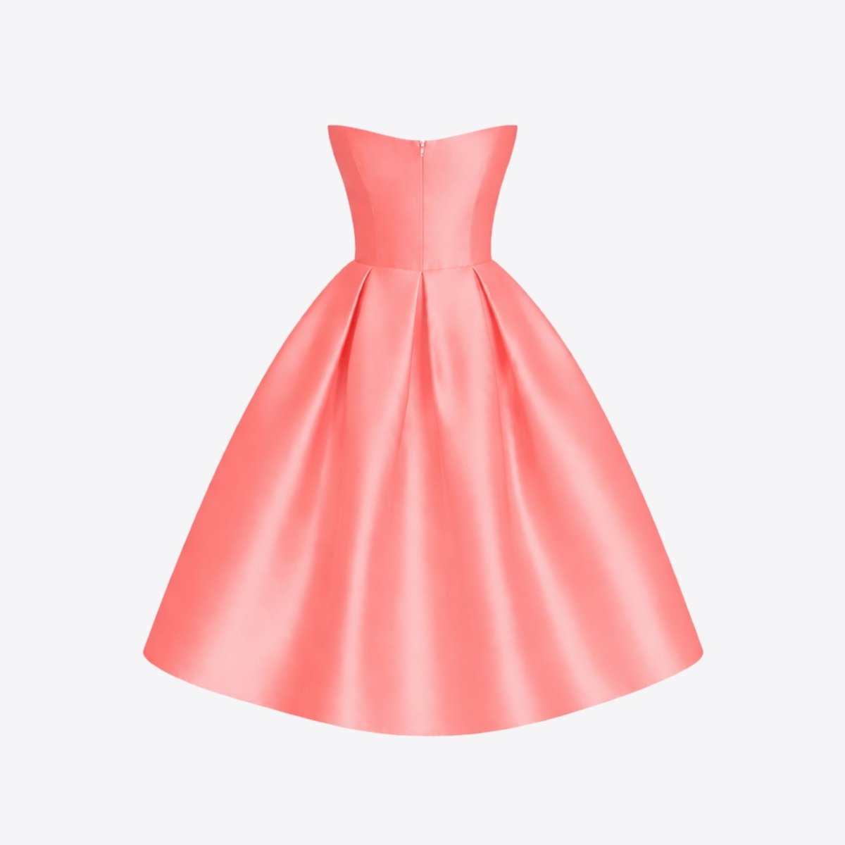 Studio ghost mannequin back view of the Kouvr coral pink satin fit and flare formal dress.