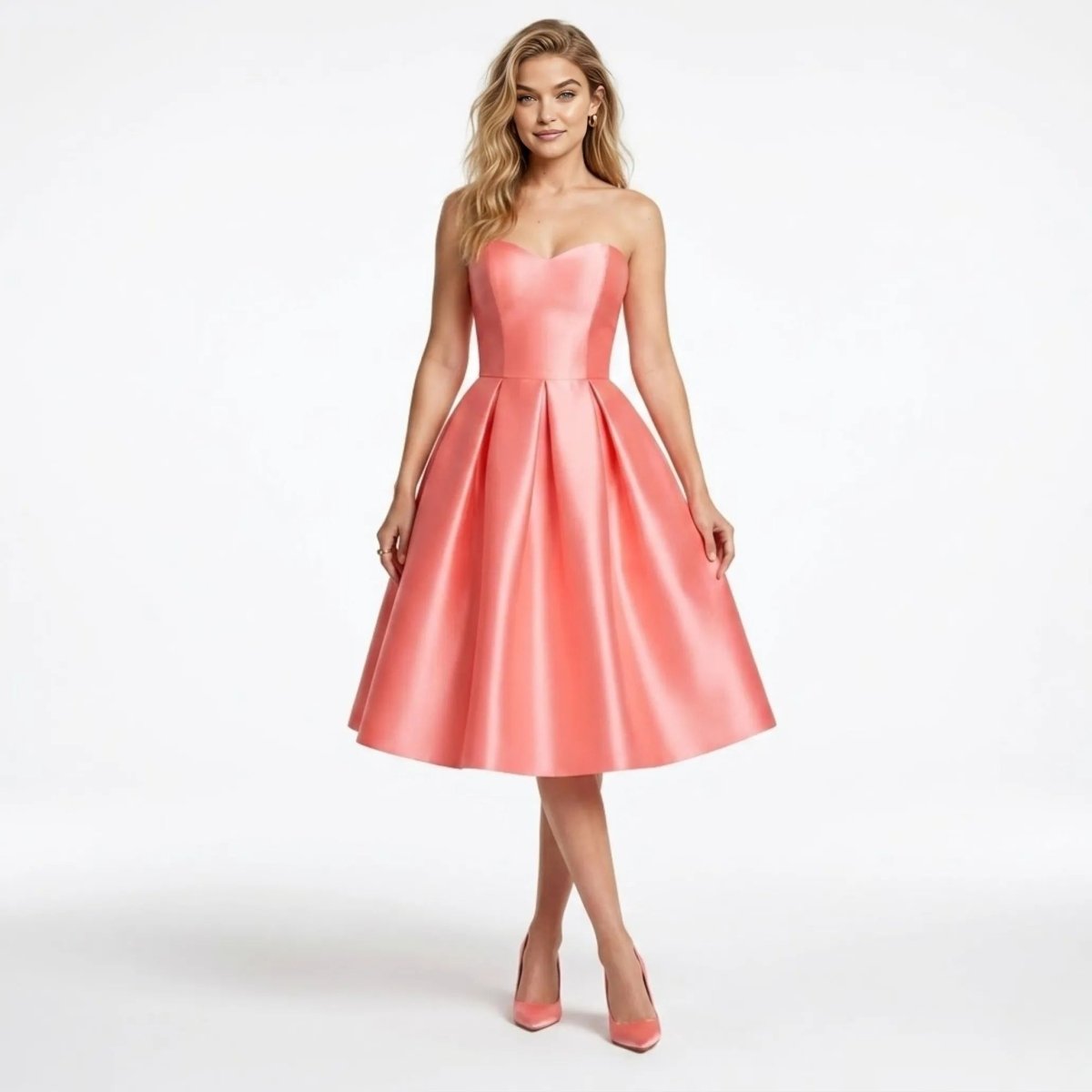 Front view of the Kouvr Strapless Sweetheart Satin Midi Dress in Pink worn by a blonde model.