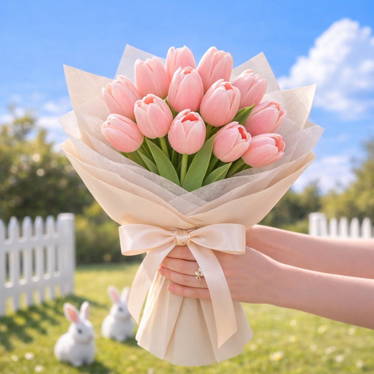 A medium-sized bouquet of pink tulips tied with a ribbon, held by both hands in a grassy area with a white picket fence. Two white rabbit figurines are visible in the background against a blue sky.
