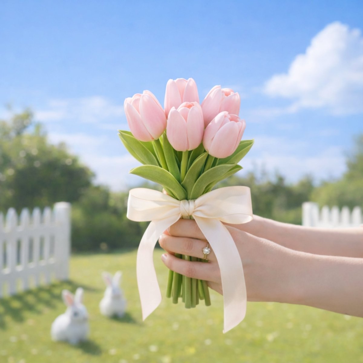 Both hands hold a small bouquet of pink tulips tied with a ribbon. The background features a white picket fence, two white rabbit figurines on the grass, and a blue sky with clouds.