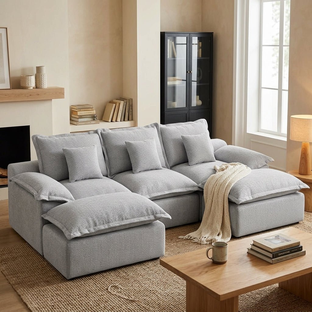 Plush grey modular couch with a cream throw blanket in a warm, neutral studio with a black display cabinet.