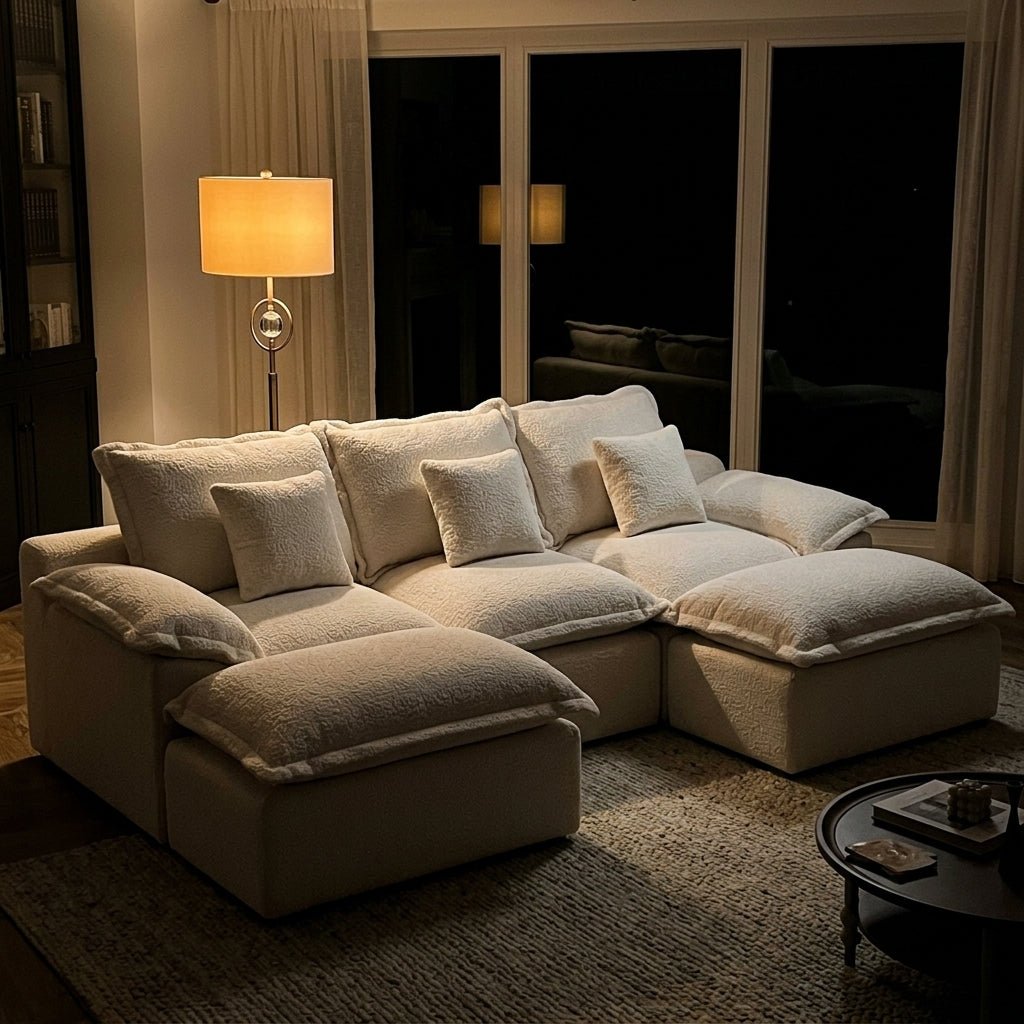 Plush off-white modular sectional sofa illuminated by a floor lamp, highlighting the soft textured fabric and deep seating.
