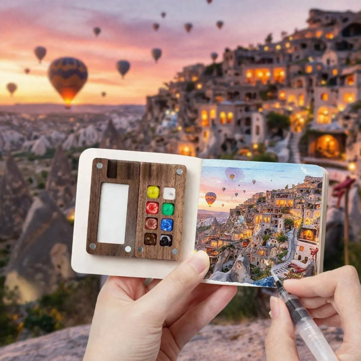 Close-up of hands holding a miniature wooden travel watercolor palette and sketchbook, featuring a detailed painting of the Cappadocia landscape with hot air balloons, against a blurred real background.